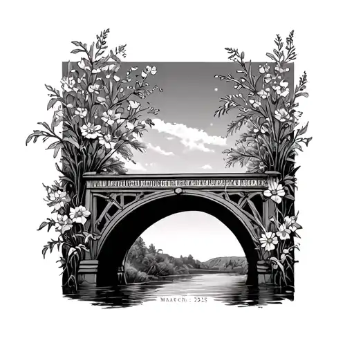 Arch Bridge with wildflowers intertwined with Travis name on the bridge with March 29 2025 tattoo design idea tattoo design idea