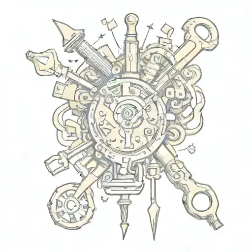 A creative tattoo design combination of tools of gold smithing, the tools must be twisted around each other. Colorful.,  tattoo design idea