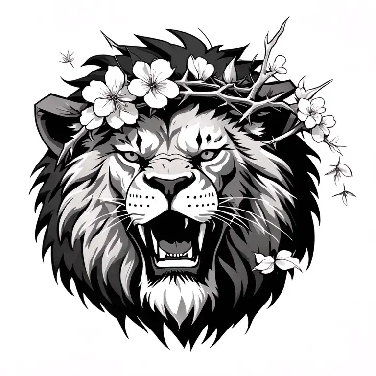 Realistic lion head with a cross scar over his eye. aggressive. Japanese flare. cherry blossom. crown of thorns. tattoo design idea