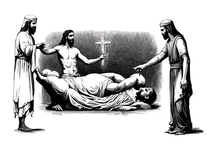 jew and muslim high fiving while urinating on christian corpse tattoo design idea