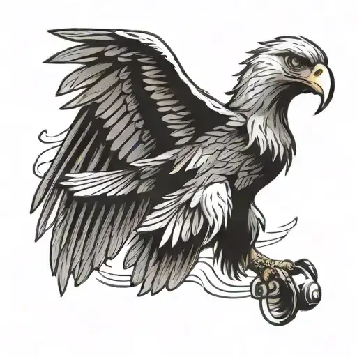 An eagle flying over a vast ocean with a microphone in its talons, symbolizing the musician's love for comedy and the sea tattoo design idea