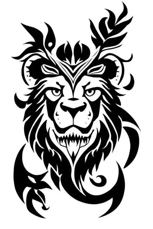 Polynesian tribal tattoo on forearm that incorporates a face of a real lion, enata, Tiki, Lizard, Shark tooth tattoo design idea