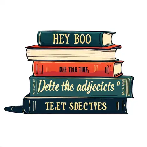 to kill a mocking bird inspired stack of 5 books stacked include words 'Hey Boo' and ' delete the adjectives' tattoo design idea