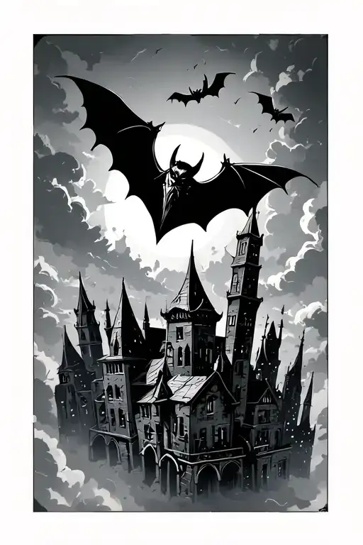bats flying high in the sky in the sky with a city skyline gothic vibe with viking time buildings tattoo design idea