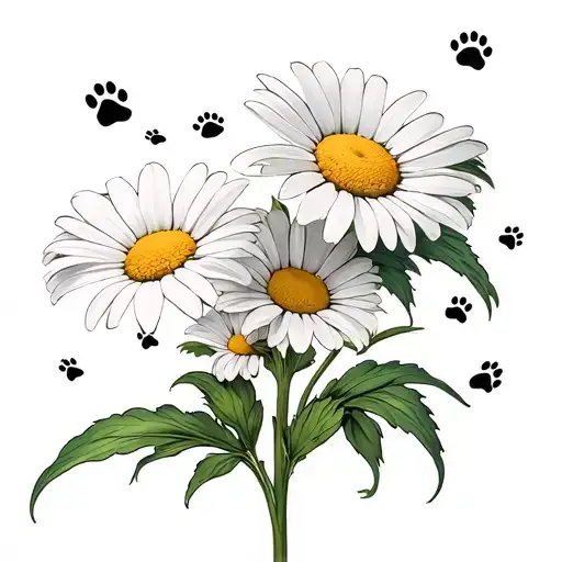 Daisy flowers with dog paw prints trailing tattoo design idea