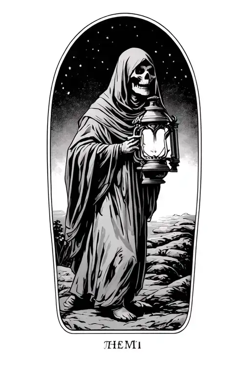 ThThe hermit tarot walking sideways in darkness holding a lantern thats emitting light. Skull face cloaked in hood tattoo design idea