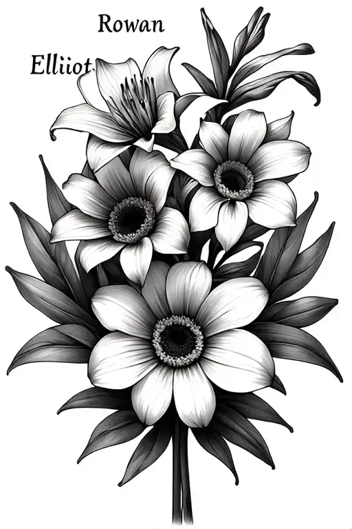 "Rowan, Elliot " one of each lily flower, dafodil and gerbera flower with fine line, not too big, fine line with names as the stem  tattoo design idea