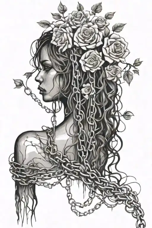 Silhouette of a naked girl, roots growing out of chains, roses tattoo design idea