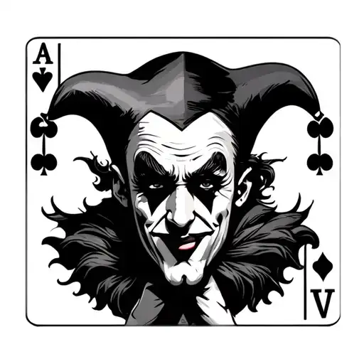 a jester holding a ace of spade card with his two finger covering half of his face tattoo design idea