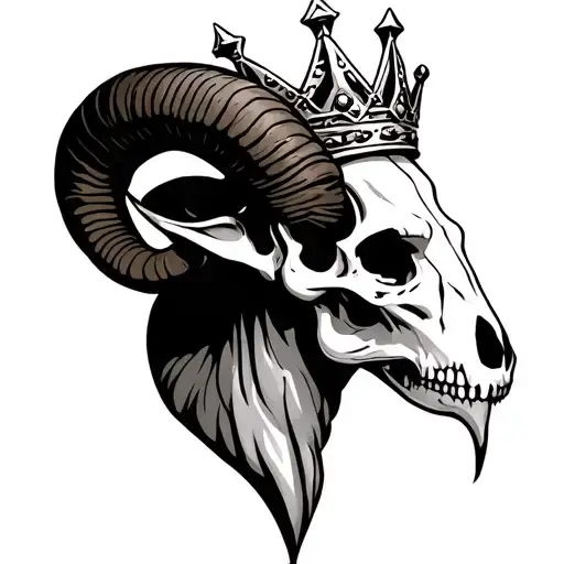 45 degree side profile of ram skull wearing a kings crown tattoo design idea