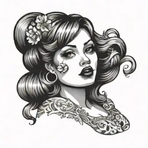 Fat woman pin up girl long hair tattoo design idea