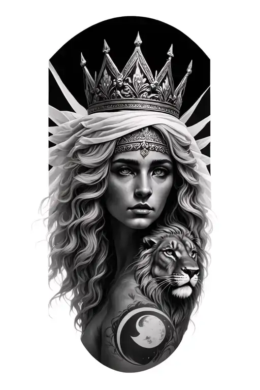 black & grey realism greek goddess leto with light color hair, wearing crown with veil, a lion and moon tattoo design idea