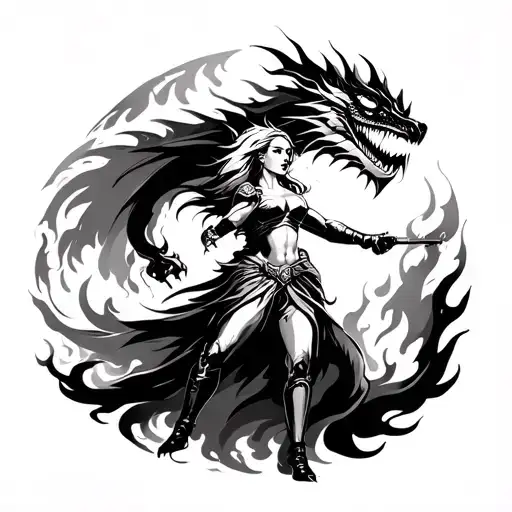 female warrior shooting for the sun and a dragon on fire flames tattoo design idea