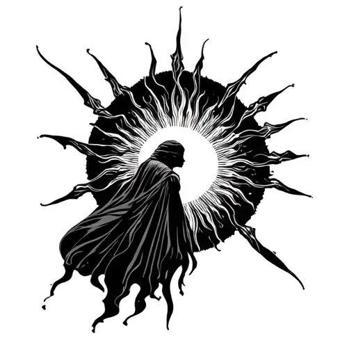 A sunset, and then Nyx gently wrapping the sun in darkness with her cloak, put within a frame to look like a painting tattoo design idea