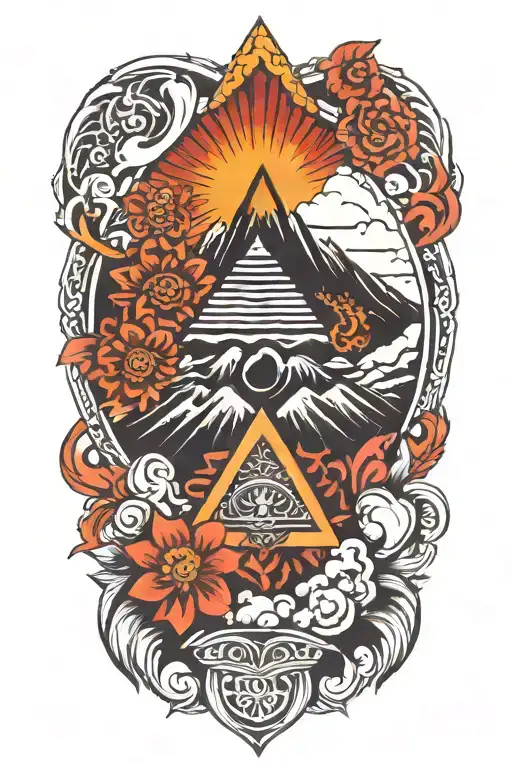 mandala type volcano with rock tattoo design idea