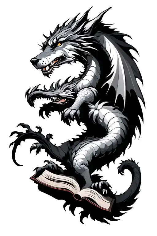 book, dragon, mountains, wolf, trees, fantasy tattoo design idea