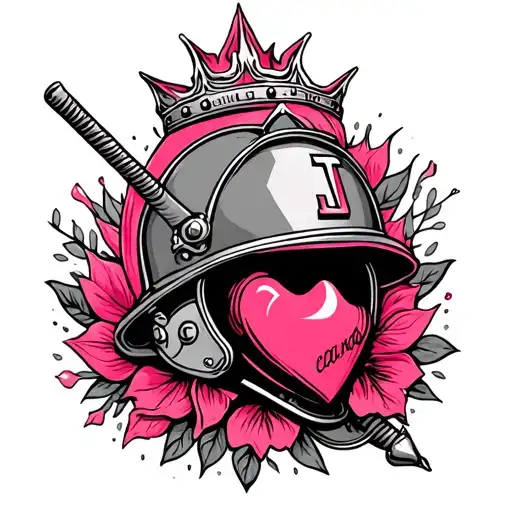 pink with rod and petal; fire helmet; male crown; star ; Letter J; sentence "mi pequeño corazón" tattoo design idea
