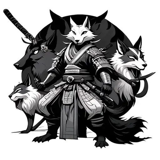 Samurai humanoid kitsune surrounded by animals in shadows. tattoo design idea