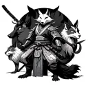 Samurai humanoid kitsune surrounded by animals in shadows. tattoo design idea