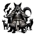 Samurai humanoid kitsune surrounded by animals in shadows. tattoo design idea