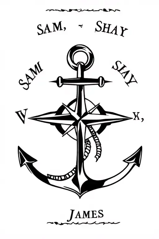 "Sam, Shay, James"  anchor compass surrounded tattoo design idea