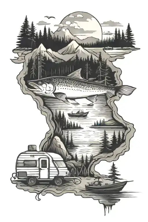 Camping and Fishing with Northern Ontario scenery tattoo tattoo design idea