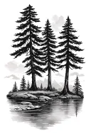 three Douglas fir trees stand next to a river flowing. The river flows between the trees two one side, one on the other. tattoo design idea