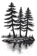three Douglas fir trees stand next to a river flowing. The river flows between the trees two one side, one on the other. tattoo design idea