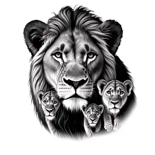 realistic mom lion with 4 cubs tattoo design idea