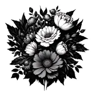 April, May, July, December birth flower bouquet fine line tattoo design idea