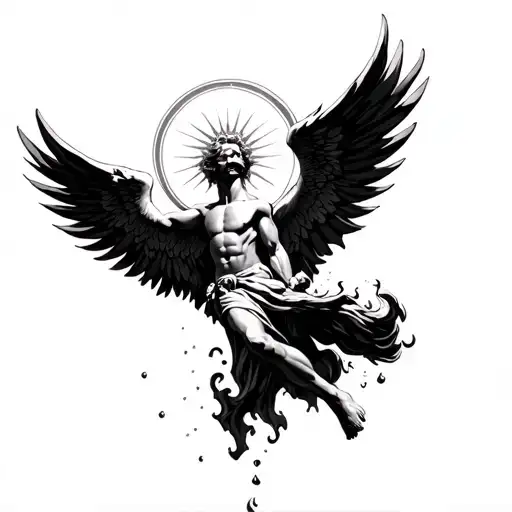 Icarus falling from the sky majestically with wings on fire. Icarus is above water with the sun above him tattoo design idea