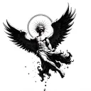 Icarus falling from the sky majestically with wings on fire. Icarus is above water with the sun above him tattoo design idea