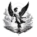 Icarus falling from the sky majestically with wings on fire. Icarus is above water with the sun above him tattoo design idea