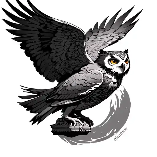 owl flying with statue of Talos from elder scrolls between its wings  tattoo design idea