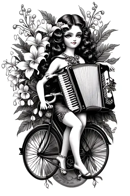 memorial tattoo with an accordion, dancing doll, lily of the valley, bicycle tattoo design idea