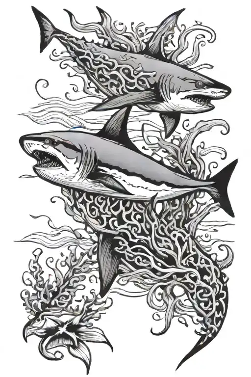 bull kelp, shark, fish swimming tattoo design idea