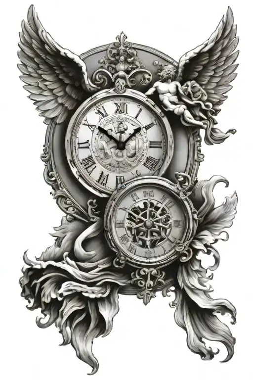 clock with the words tempus fugit on the clock face. With saint Michael and an angel tattoo design idea