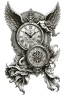 clock with the words tempus fugit on the clock face. With saint Michael and an angel tattoo design idea