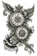 clock with the words tempus fugit on the clock face. With saint Michael and an angel tattoo design idea