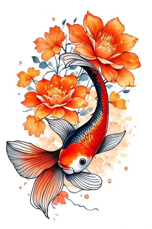 asian inspired flowers and koi fish using thin black lines with pops of watercolor tattoo design idea