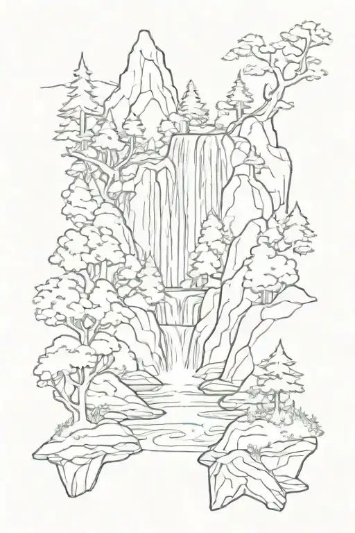 waterfall forest mountain tattoo design idea