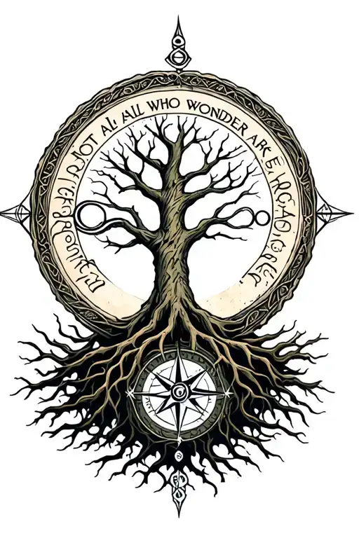 "Not all who wonder are lost" Norse compass tree of life with roots and Infinity  tattoo design idea