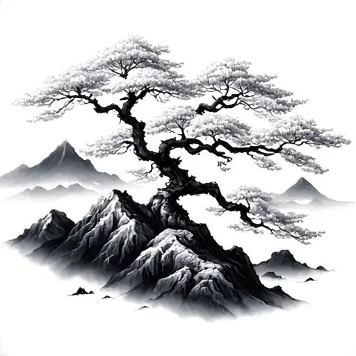Sakura tree on a mountain tattoo design idea