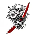 skeleton handing a bouquet with a bloody knife behind flowers tattoo design idea