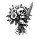 skeleton handing a bouquet with a bloody knife behind flowers tattoo design idea
