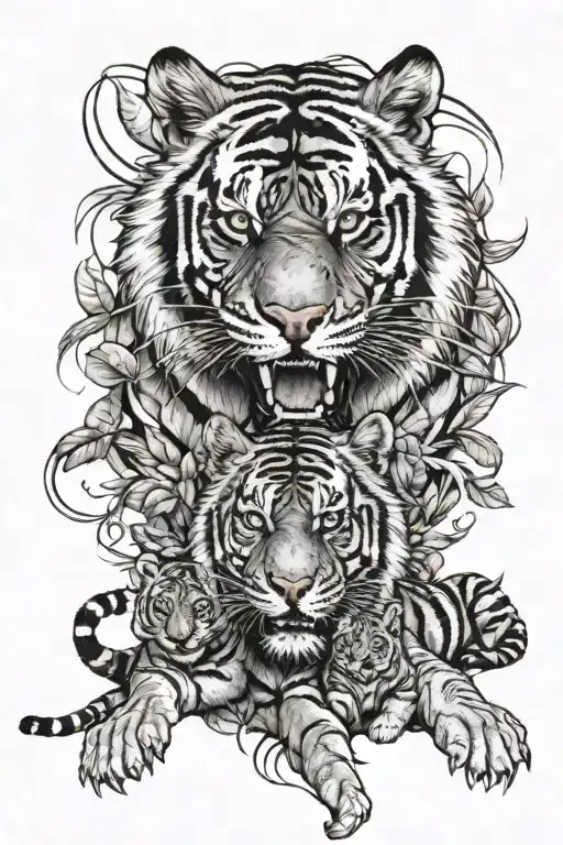 Male tiger slightly above female tiger with 3 small tiger cubs below tattoo design idea