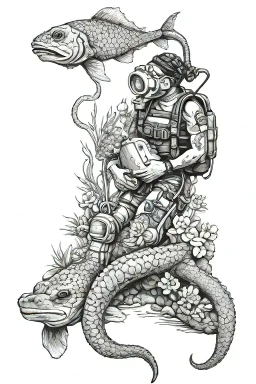 moray eel and female scuba diver surrounded tattoo design idea