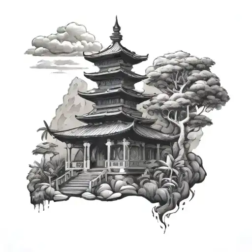 bali temple on mountain tattoo design idea