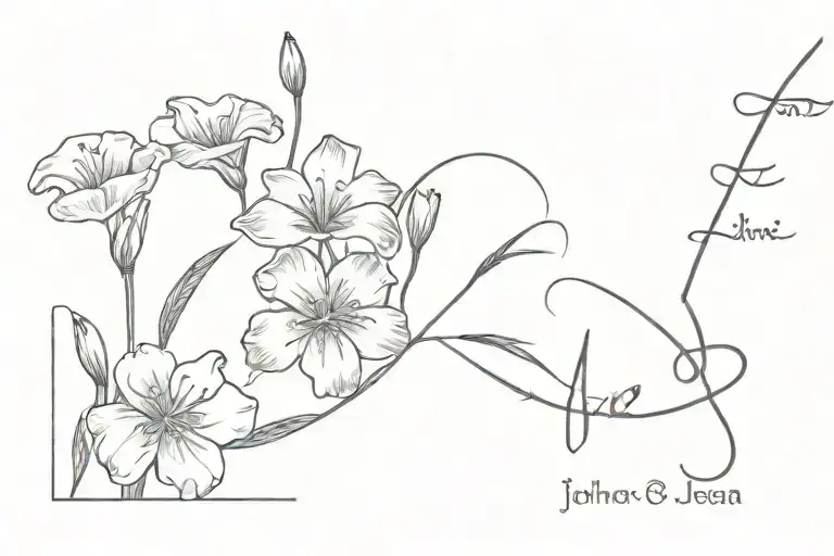 rose iris daisy aster flowers and the bible verse 1 John 4:19 tattoo design idea