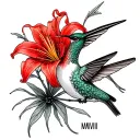 hummingbird and red spider lily henna tattoo with Roman numerals MMVIII  tattoo design idea